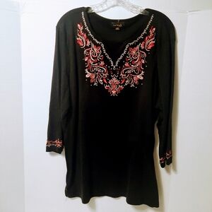 Cal Style Top Women's Sz XXXL Black Embroidered Neckline 3/4 Sleeves Boho